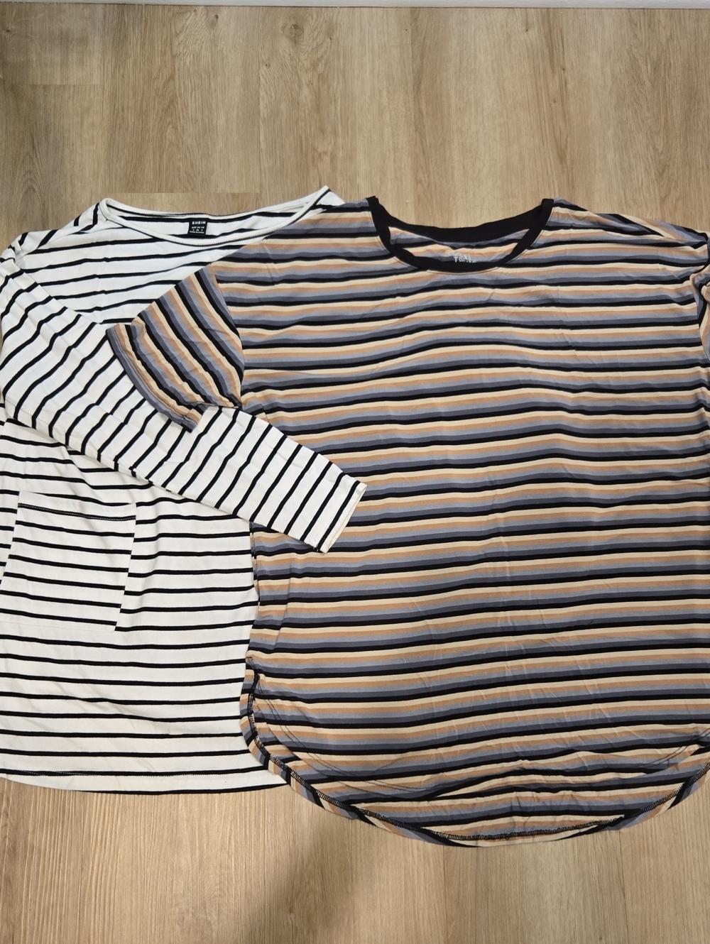 Striped Crewneck Tops - Neutral & Navy/Beige Stripes